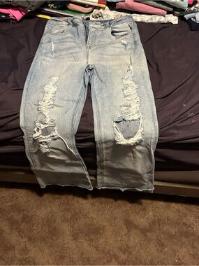 Light Blue Distressed Wide-Leg Jeans - Women